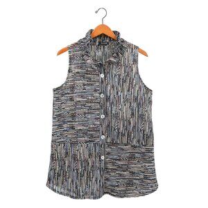 Damee Buttoned Front Stand Collar Sleeveless Mesh Tunic Topper Vest M